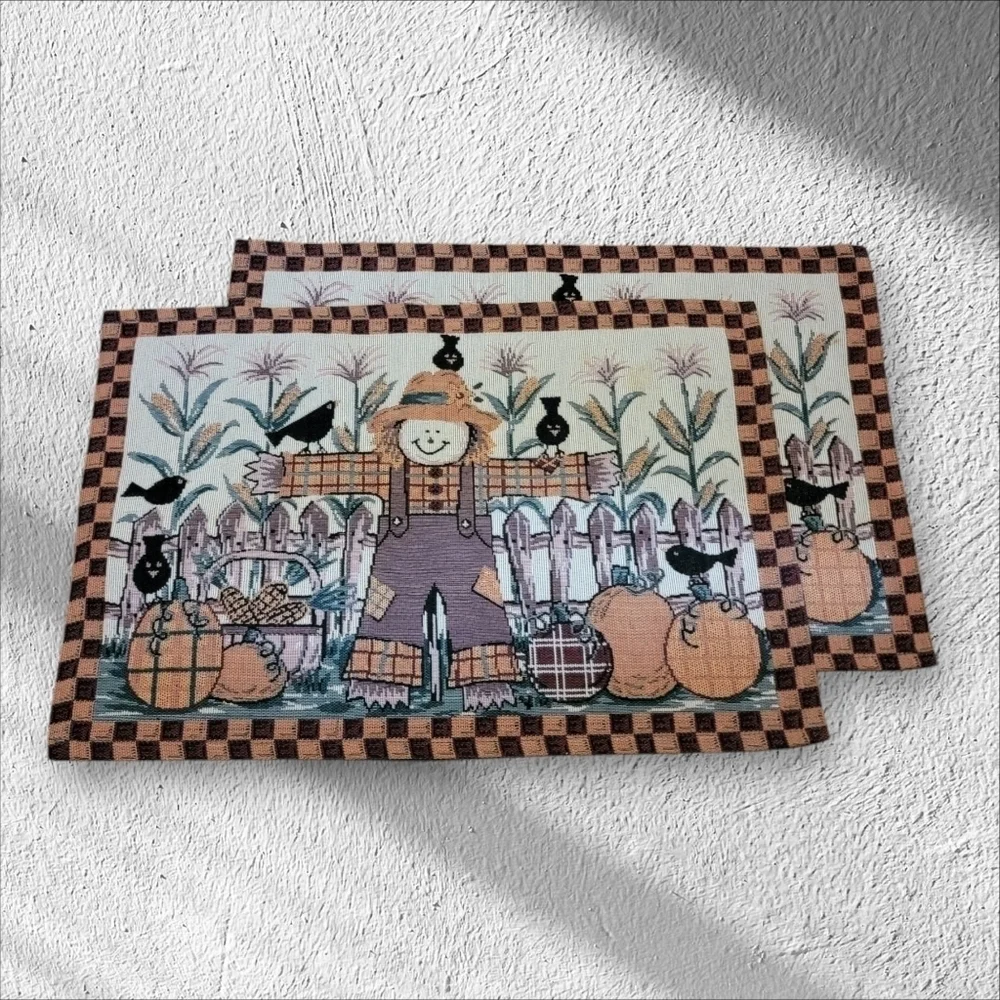 2 Fall Tapestry Placemat Scarecrow Pumpkin Halloween Thanksgiving Table Decor T5